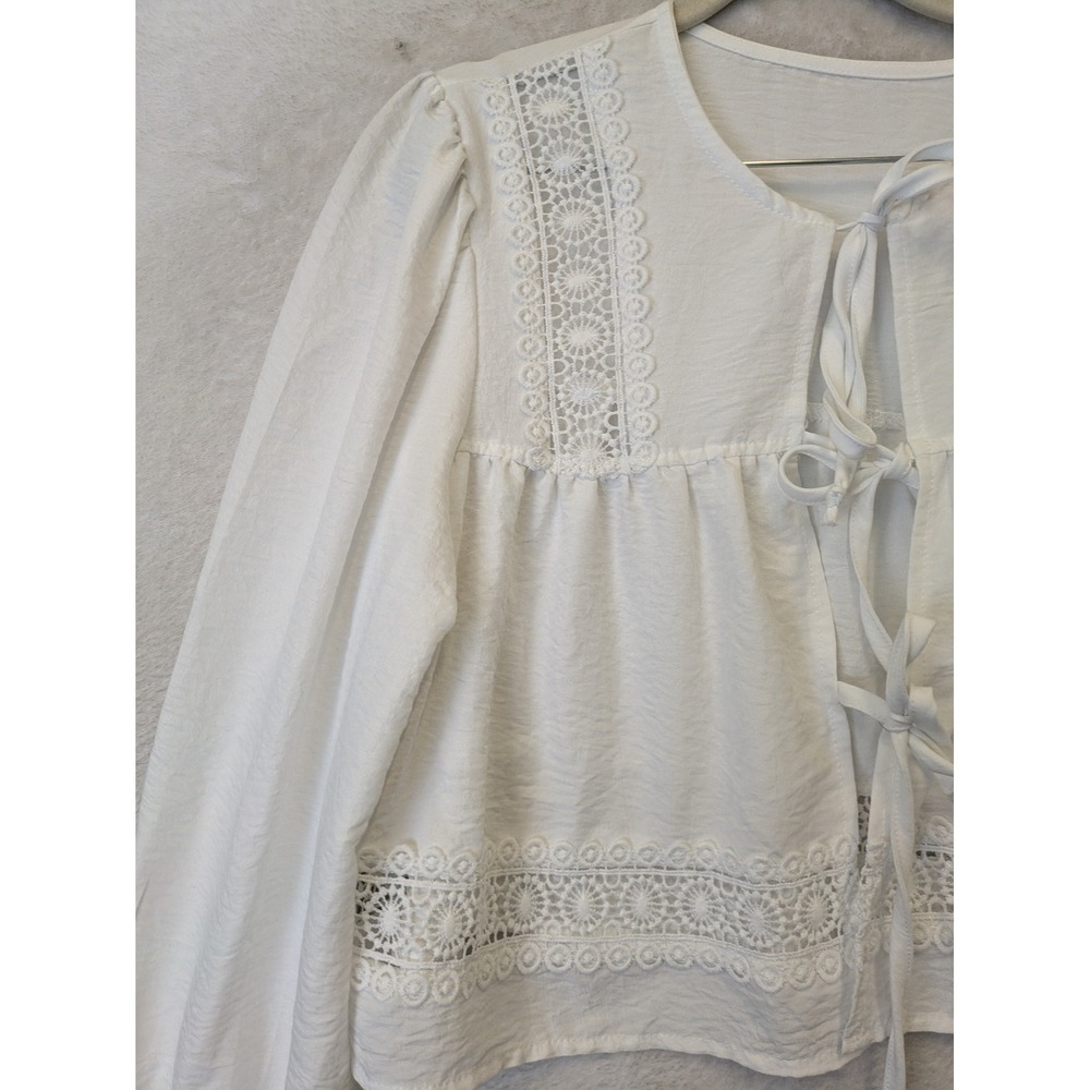 SHEIN Blouse Women's XS White Tie Front Long Sleeve Cottagecore Boho - Picture 3 of 9